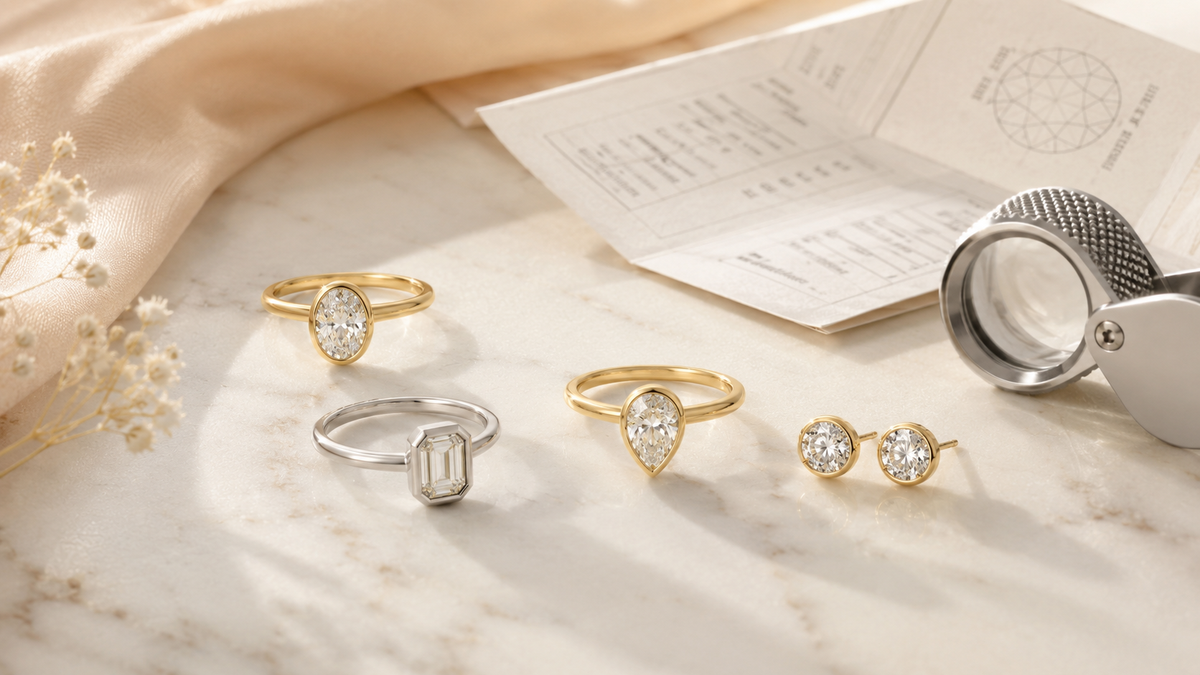 Certified lab-grown diamond rings, earrings, certificate and loupe — Stella Fine Jewellery buying guide