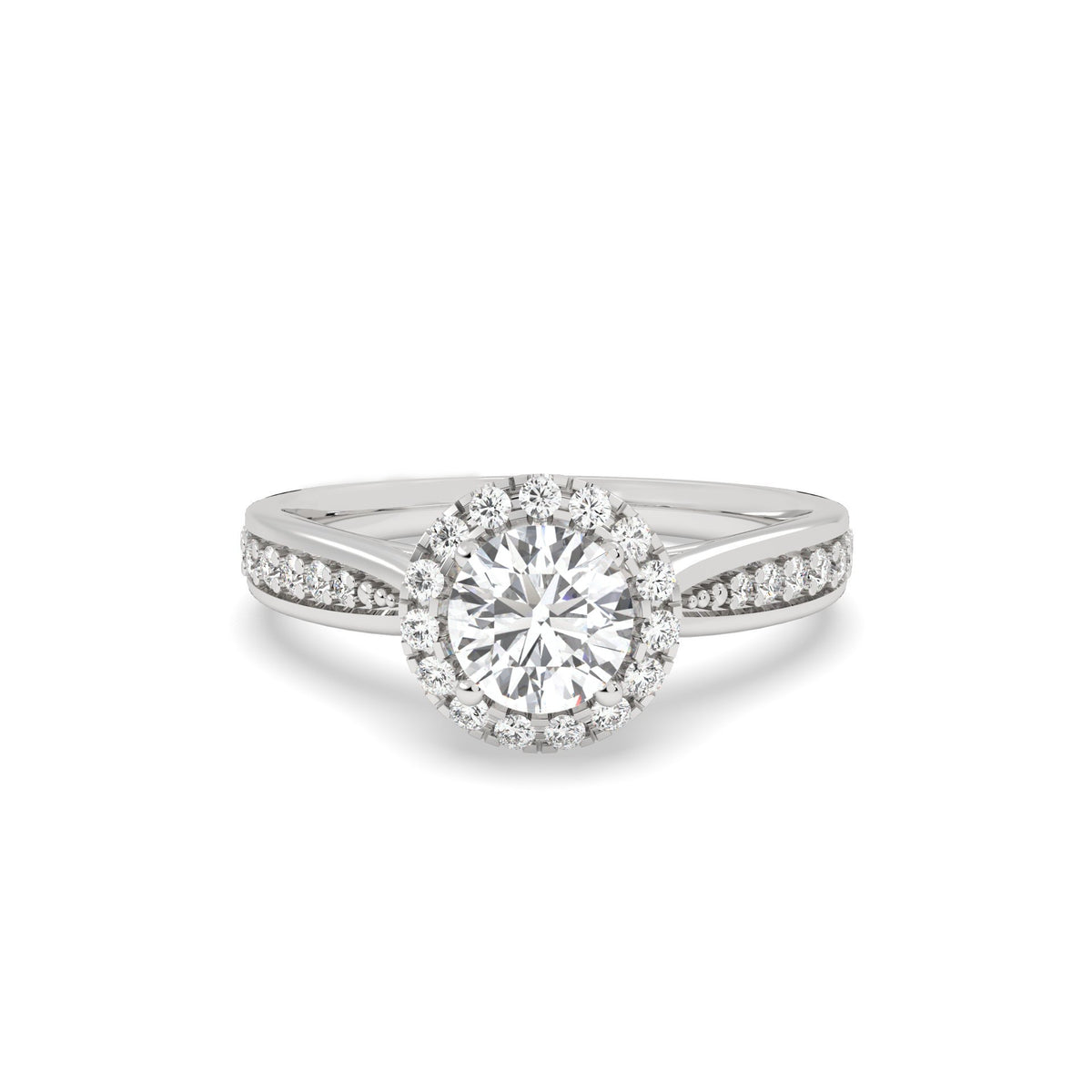 0.5 Ct round halo lab grown diamond ring in white gold, front view