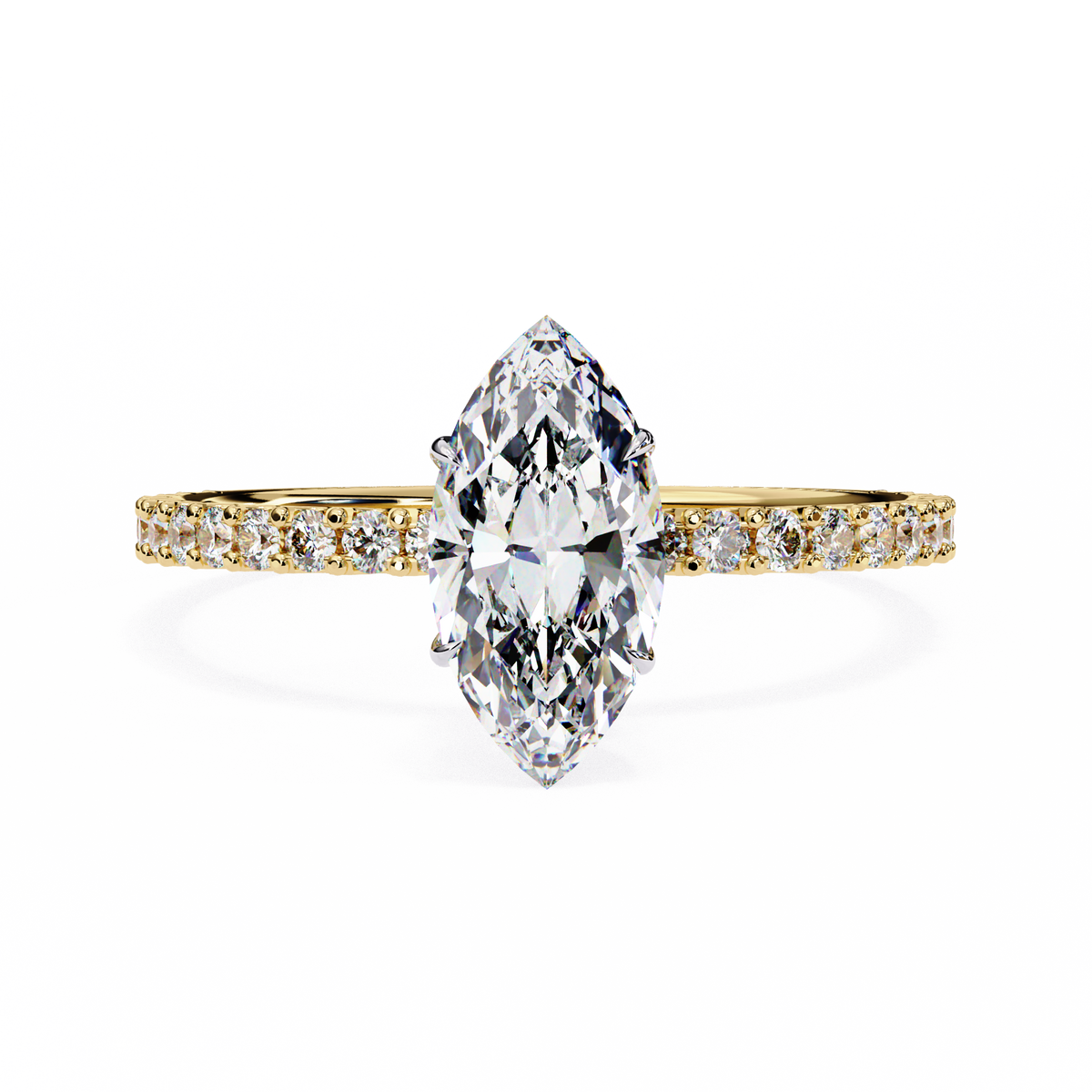 0.75 Ct marquise solitaire lab grown diamond ring in yellow gold, front view