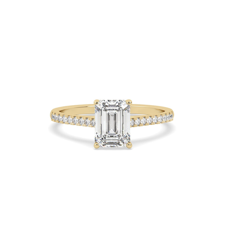 1.5 Ct emerald solitaire lab grown diamond ring in yellow gold, front view