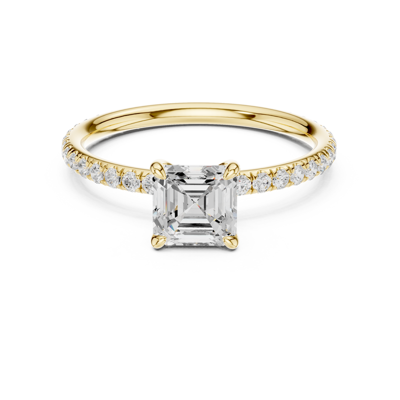 1 Ct asscher solitaire lab grown diamond ring in yellow gold, front view