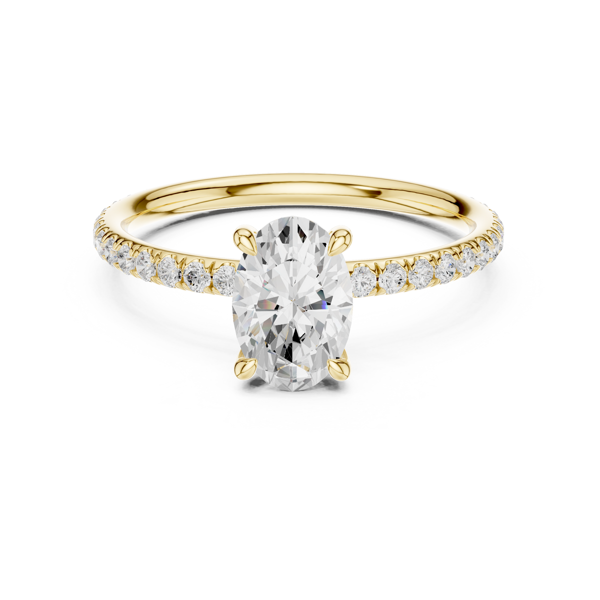 1 Ct oval solitaire lab grown diamond ring in yellow gold, front view