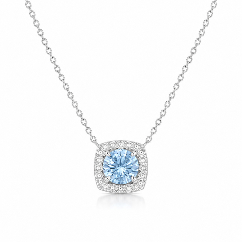 Blue Gemstone Halo Lab Grown Diamond 925 Silver Necklace