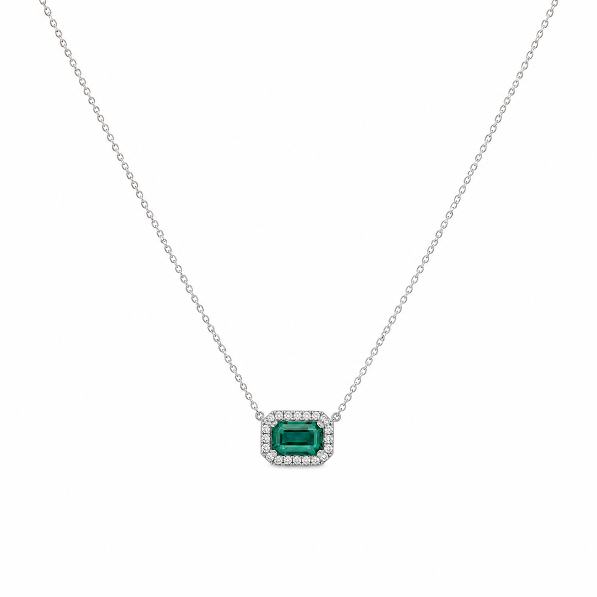 Green Gemstone Halo Lab Grown Diamond 925 Silver Necklace