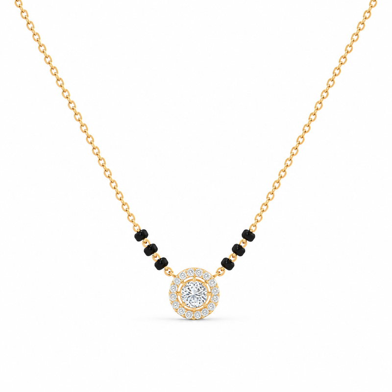 0.75 Ct Round Halo Lab Grown Diamond Gold Mangalsutra