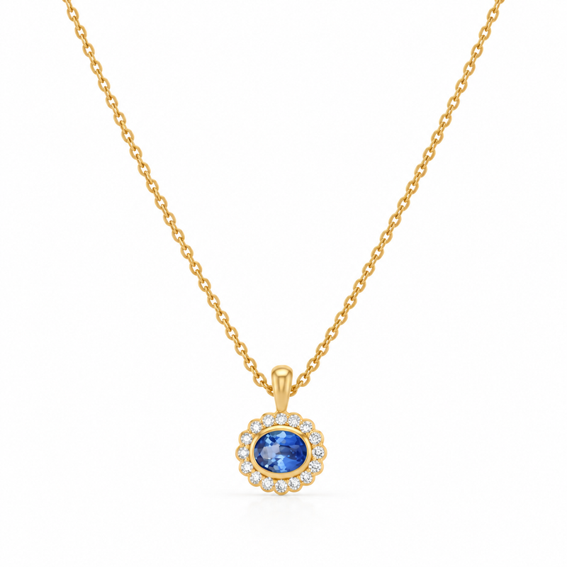 Blue Gemstone Halo Lab Grown Diamond 925 Silver Pendant