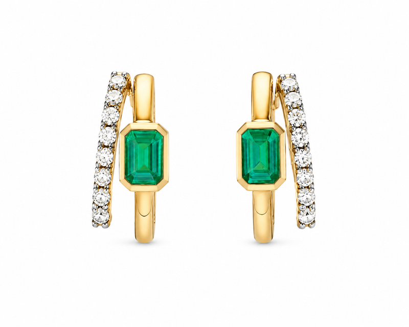 Green Gemstone Hoop Lab Grown Diamond 925 Silver Earrings