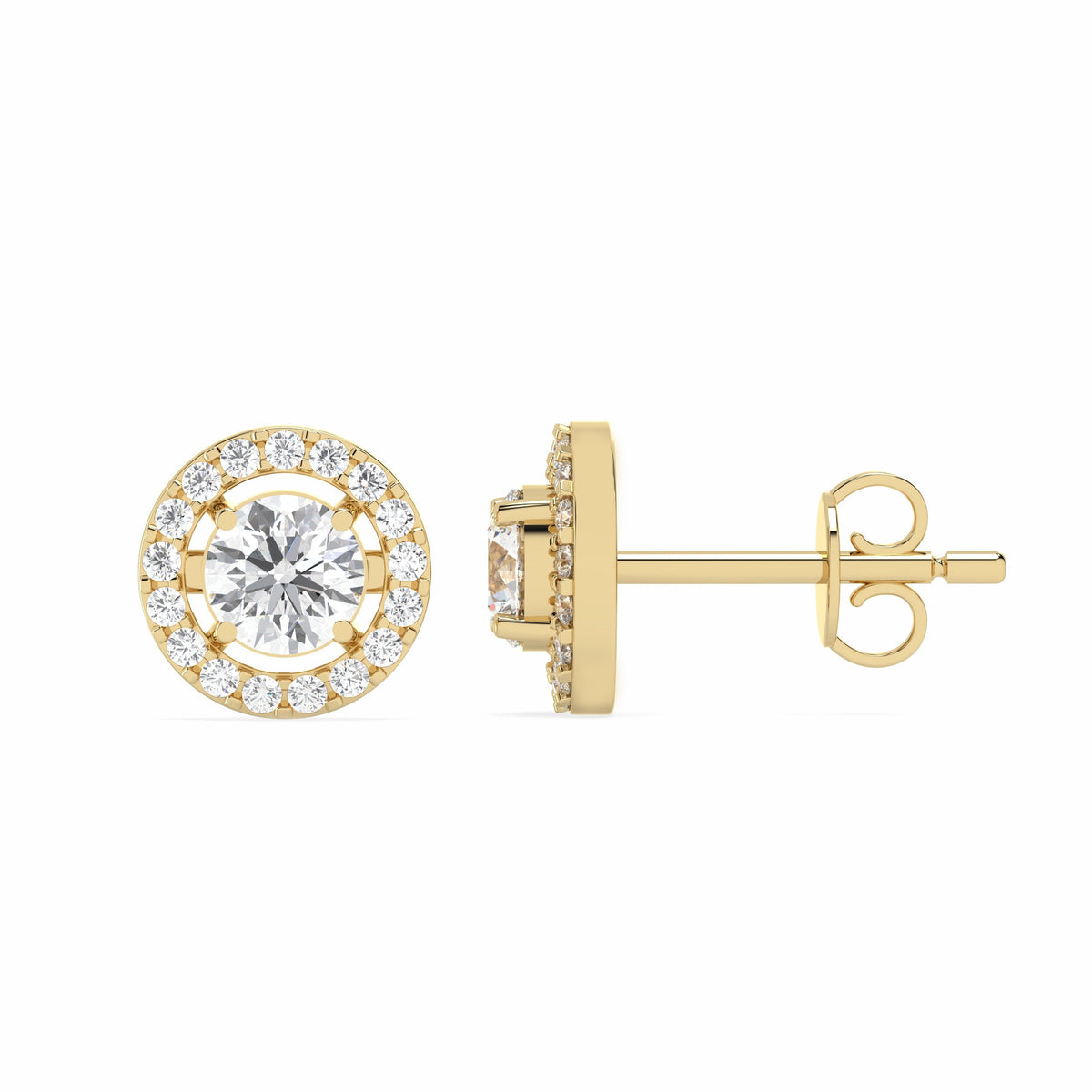 Round halo lab grown diamond earrings in yellow gold, front and side view