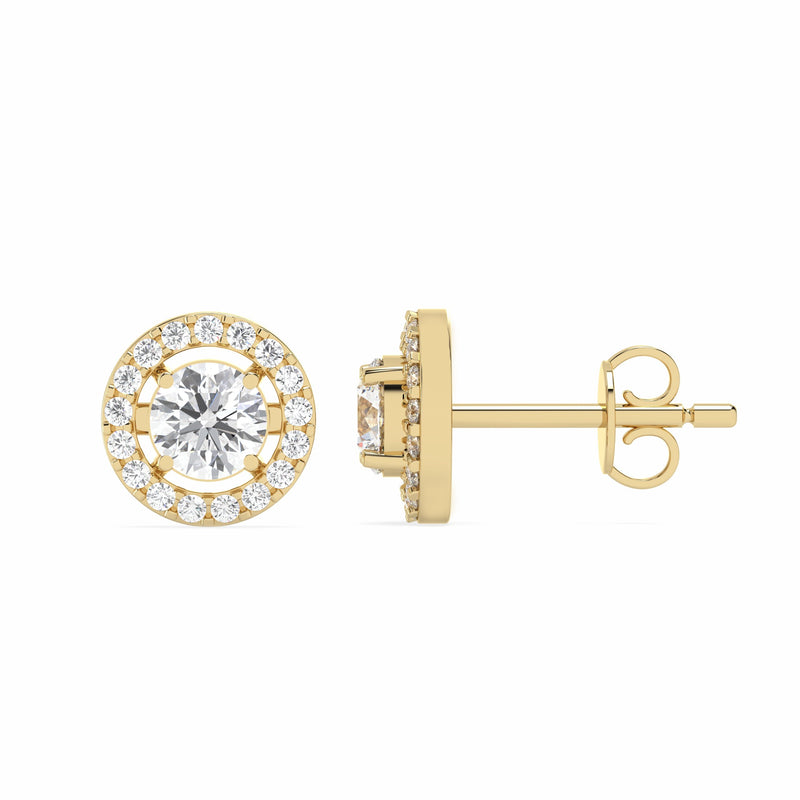 Round halo lab grown diamond earrings in yellow gold, front and side view