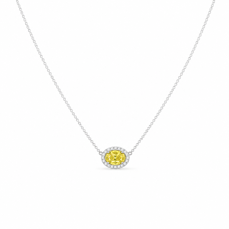 Yellow gemstone halo lab grown diamond 925 silver necklace, in silver tone, front view