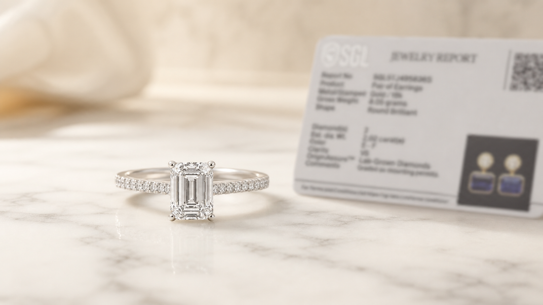 Close-up of a certified lab-grown diamond ring held up to soft light — Stella Fine Jewellery