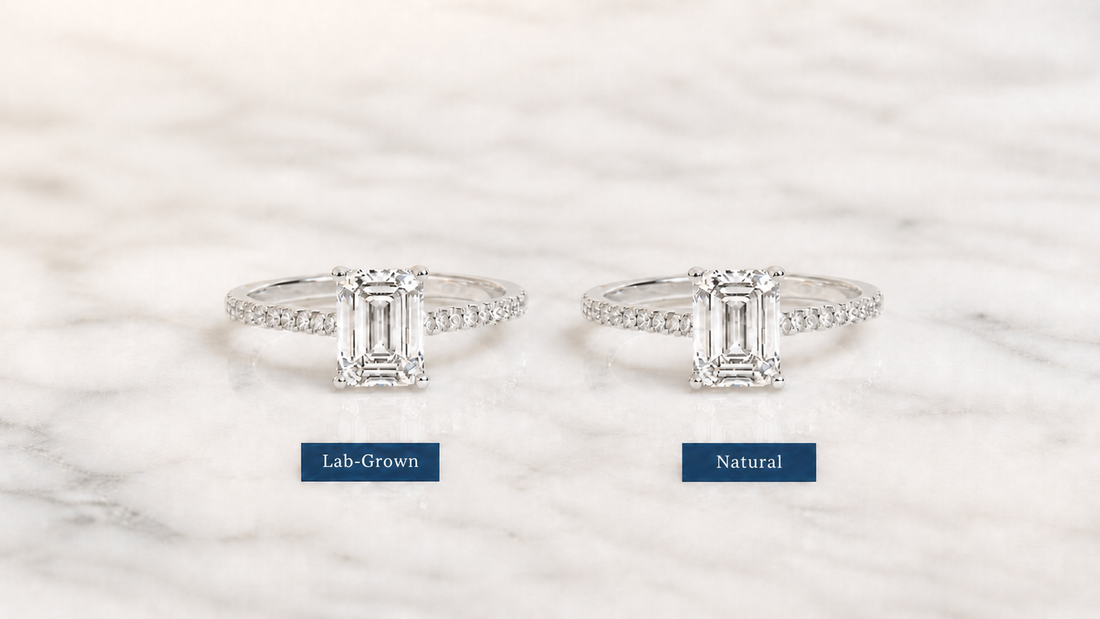 Side-by-side display of a lab-grown diamond and a natural diamond in identical ring settings — Stella Fine Jewellery