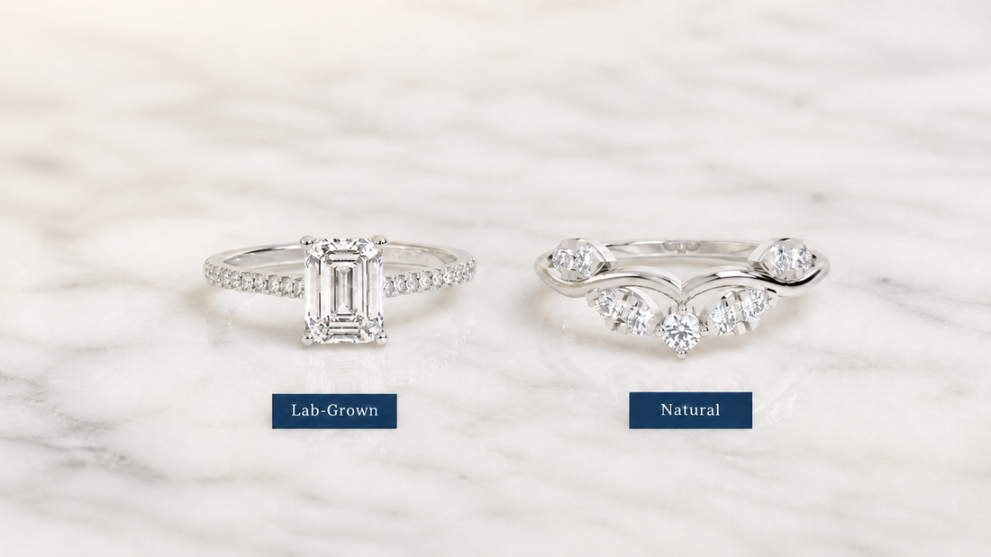 Lab-grown diamond ring and natural diamond ring side by side on white marble — Stella Fine Jewellery comparison guide