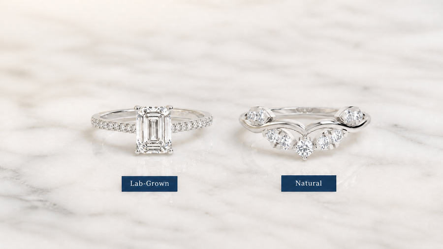 Lab-grown diamond ring and natural diamond ring side by side on white marble — Stella Fine Jewellery comparison guide