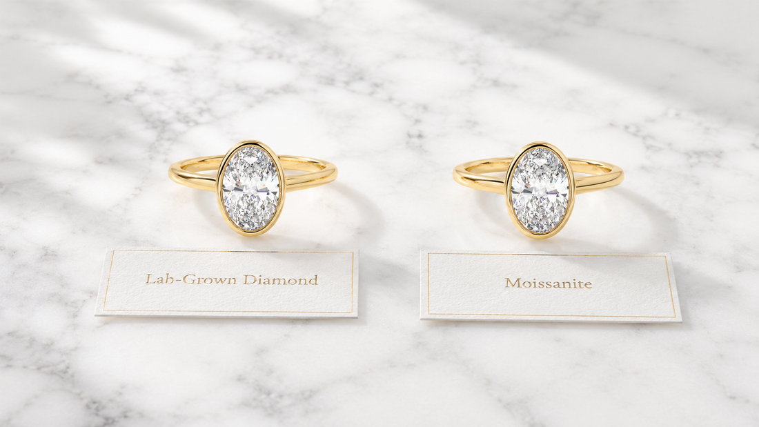 Lab-grown diamond ring and moissanite ring side by side showing visual comparison — Stella Fine Jewellery