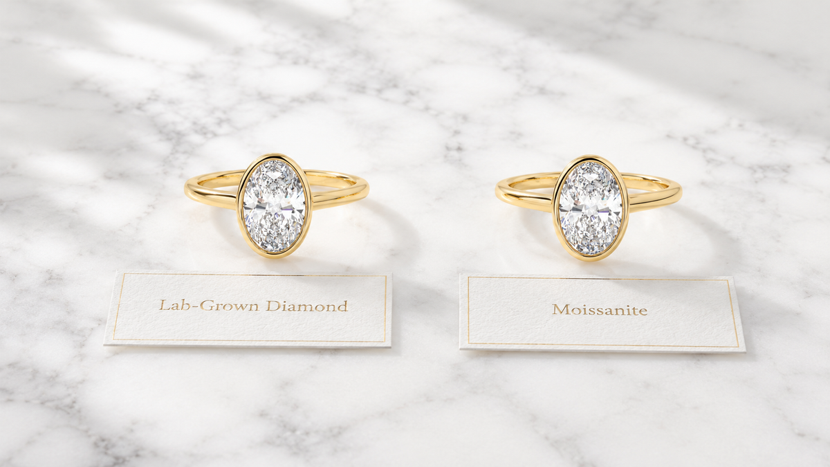 Lab-grown diamond ring and moissanite ring side by side showing visual comparison — Stella Fine Jewellery