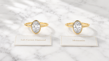 Lab-grown diamond ring and moissanite ring side by side showing visual comparison — Stella Fine Jewellery