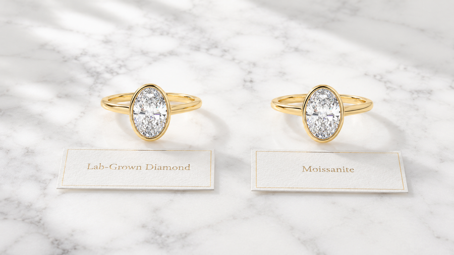 Lab-grown diamond ring and moissanite ring side by side showing visual comparison — Stella Fine Jewellery