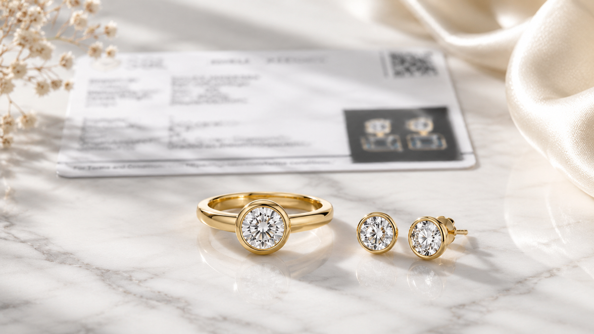 Certified lab-grown diamond ring and earring set on white marble — Stella Fine Jewellery India
