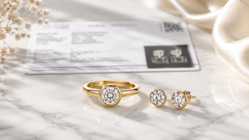 Certified lab-grown diamond ring and earring set on white marble — Stella Fine Jewellery India