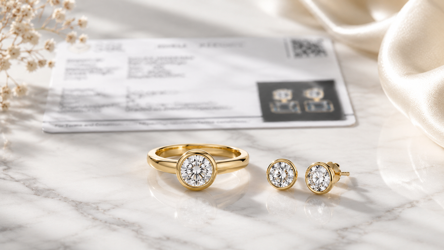 Certified lab-grown diamond ring and earring set on white marble — Stella Fine Jewellery India