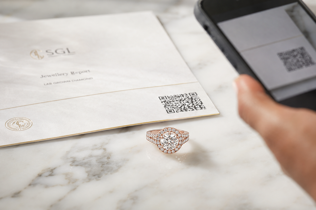 SGL jewellery certificate and lab-grown diamond ring with QR code highlighted — Stella Fine Jewellery guide