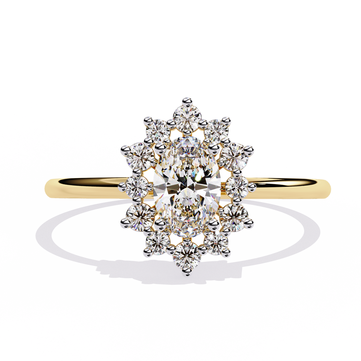 0.30 Ct oval halo lab grown diamond ring in yellow gold, front view