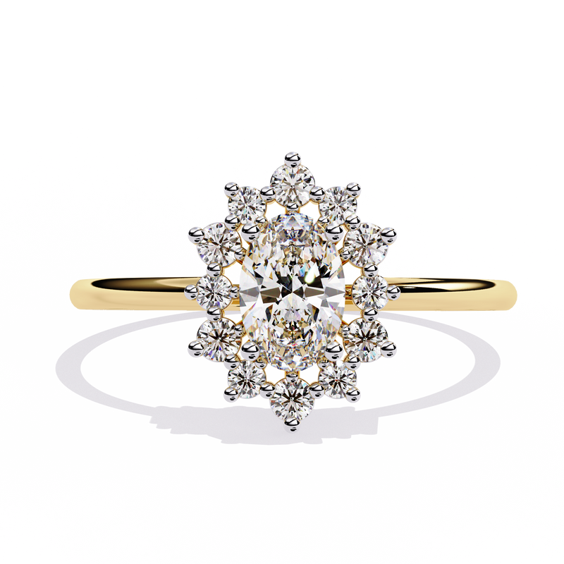 0.30 Ct oval halo lab grown diamond ring in yellow gold, front view
