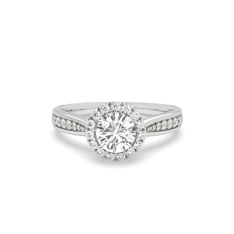 0.5 Ct round halo lab grown diamond ring in white gold, front view