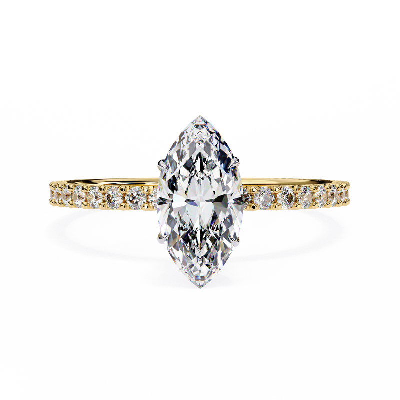 0.75 Ct marquise solitaire lab grown diamond ring in yellow gold, front view