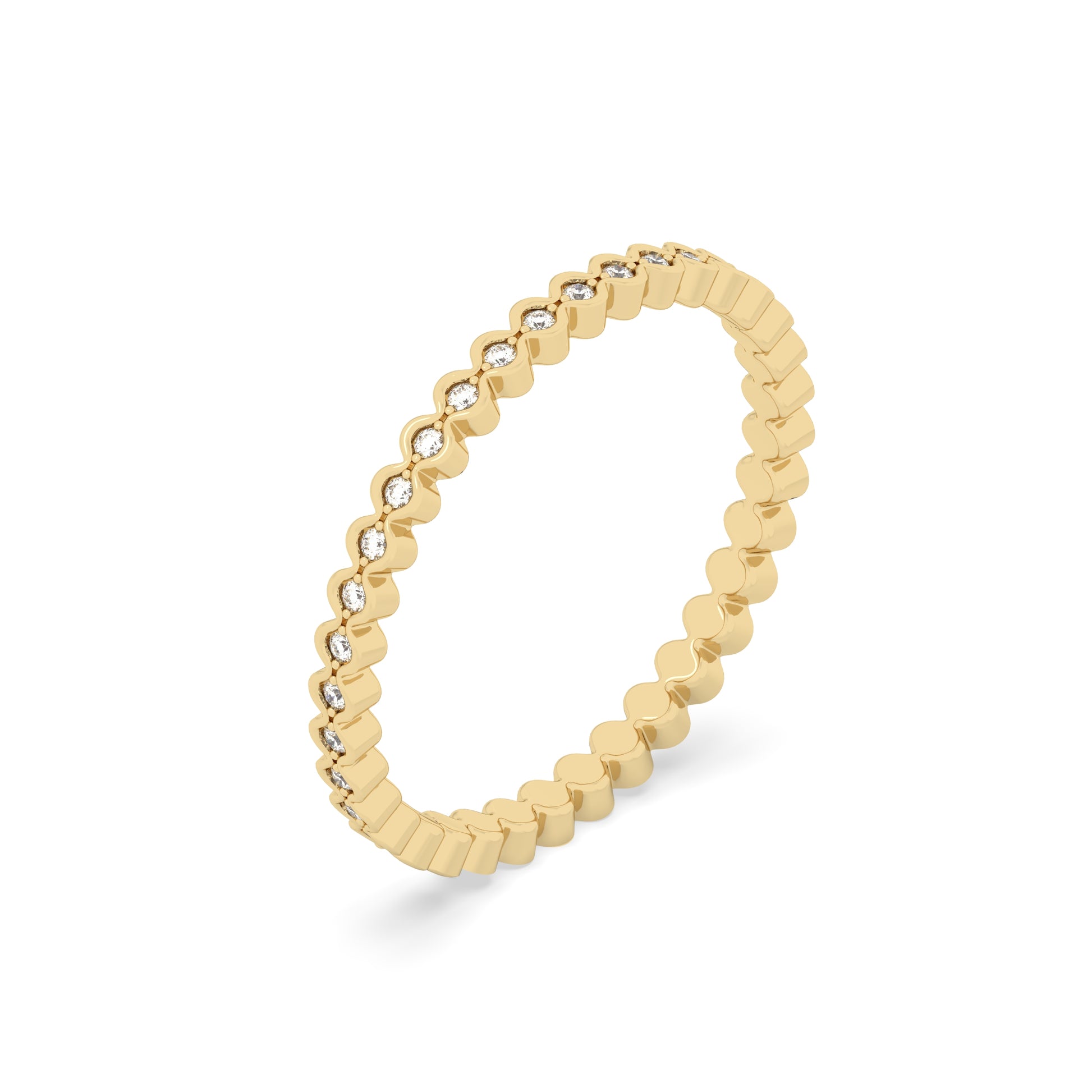 Gold ring with round diamonds on a yellow background