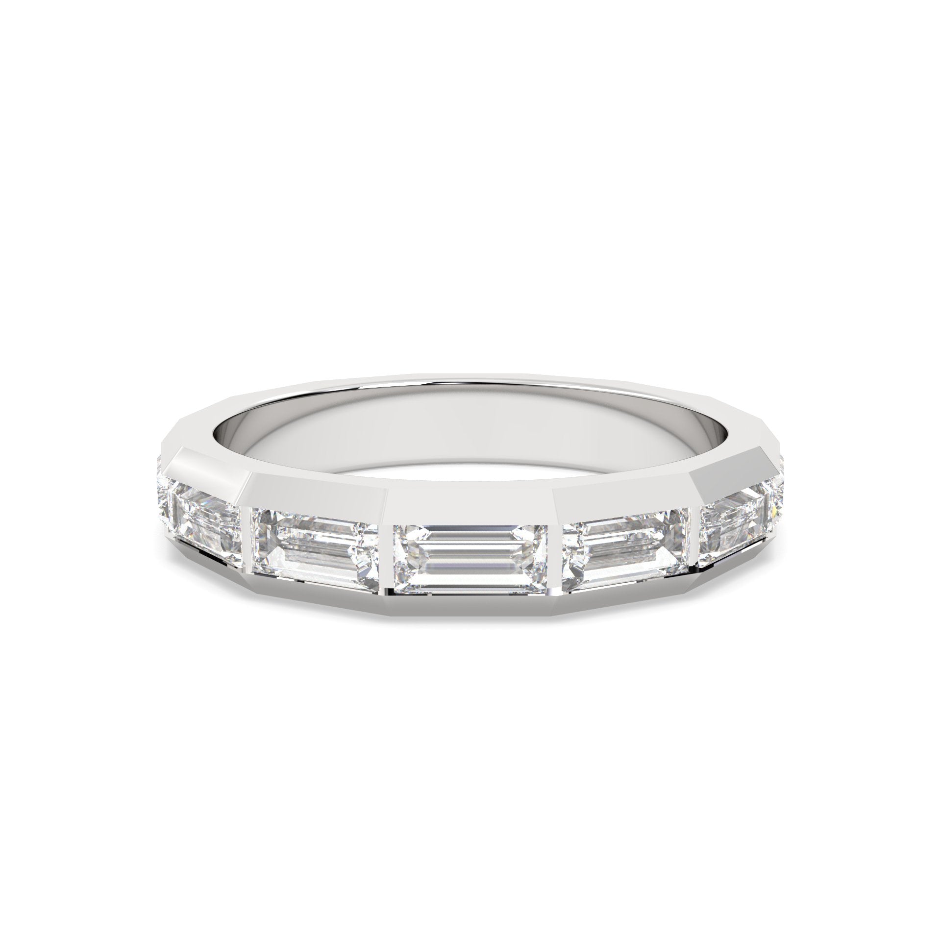 white Gold ring with baguette-cut diamonds on a gold background