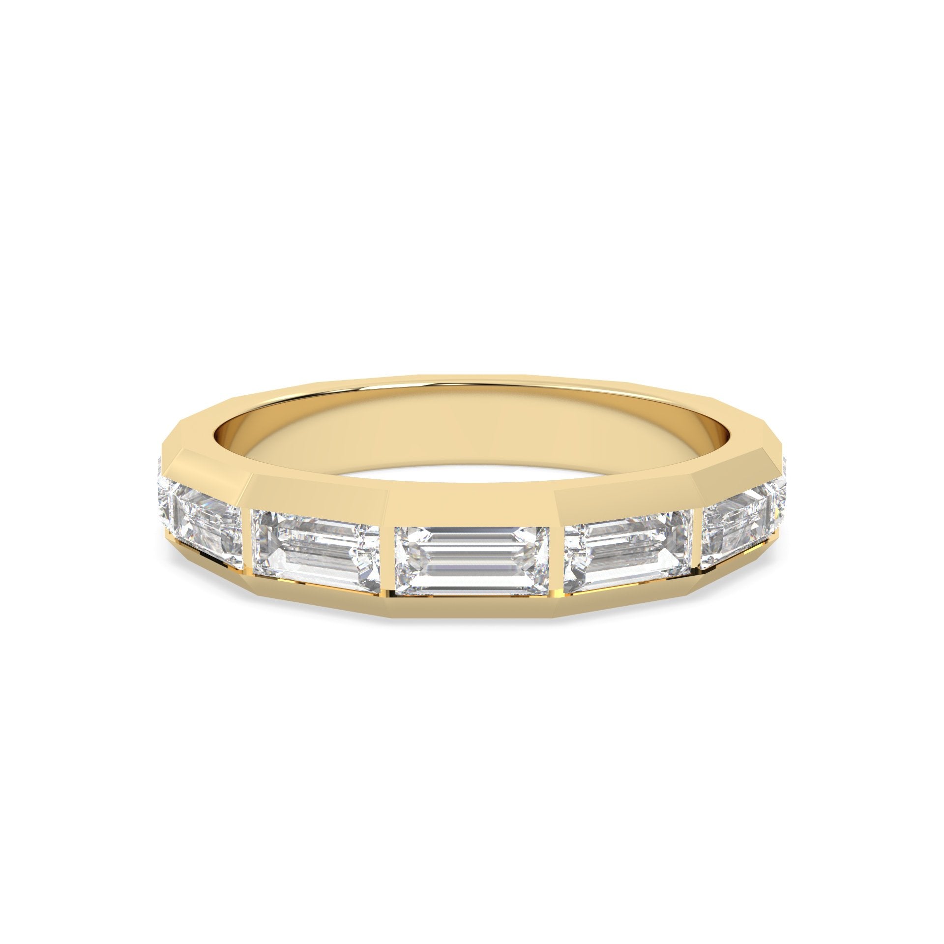 yellow Gold ring with baguette-cut diamonds on a gold background