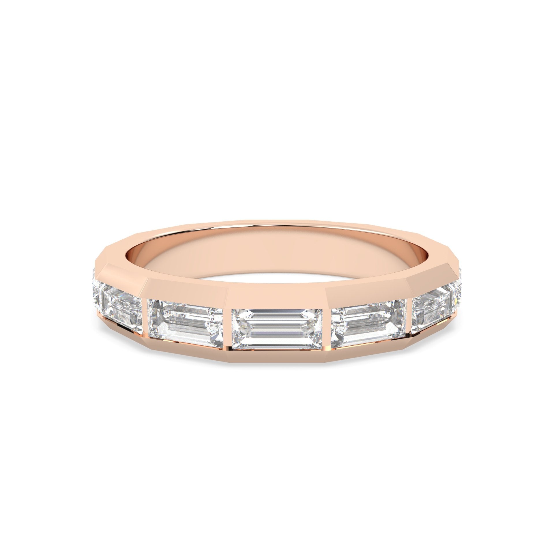Rose gold ring with baguette cut diamonds on a gold background