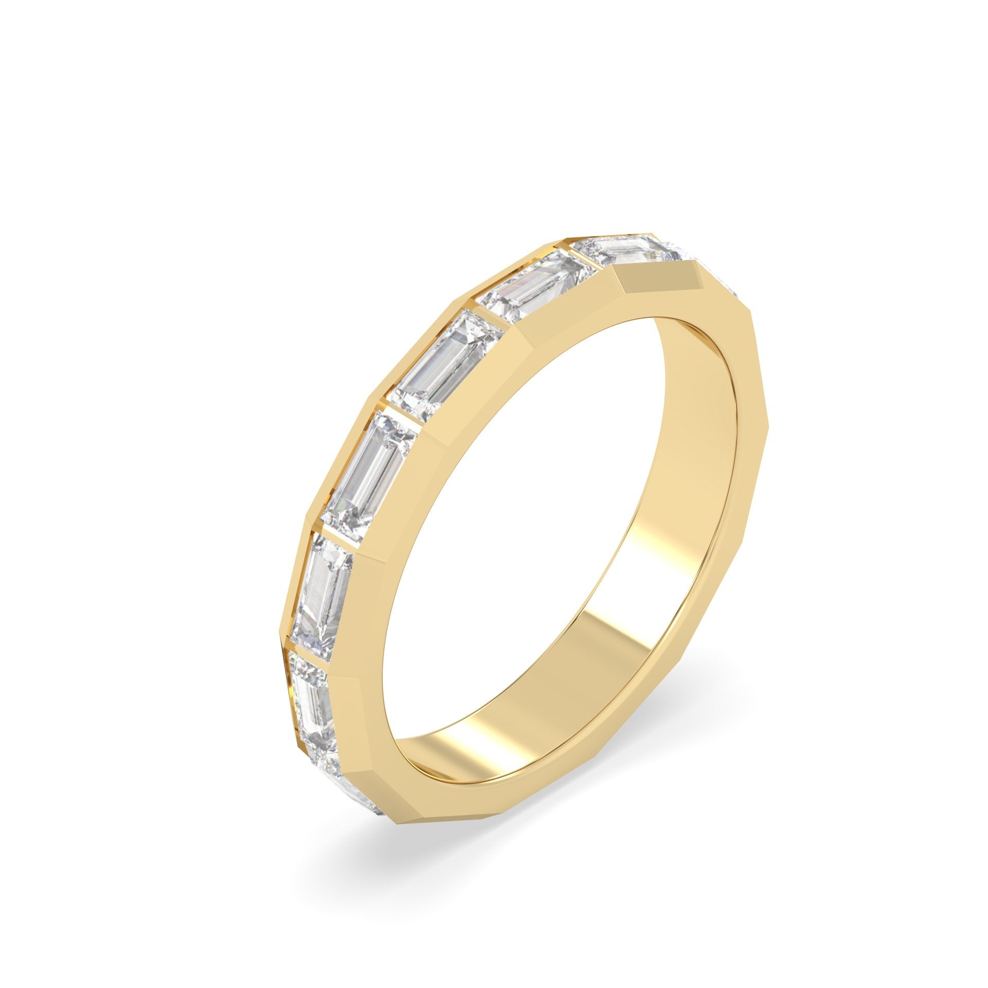 Gold ring with baguette-cut diamonds on a gold background