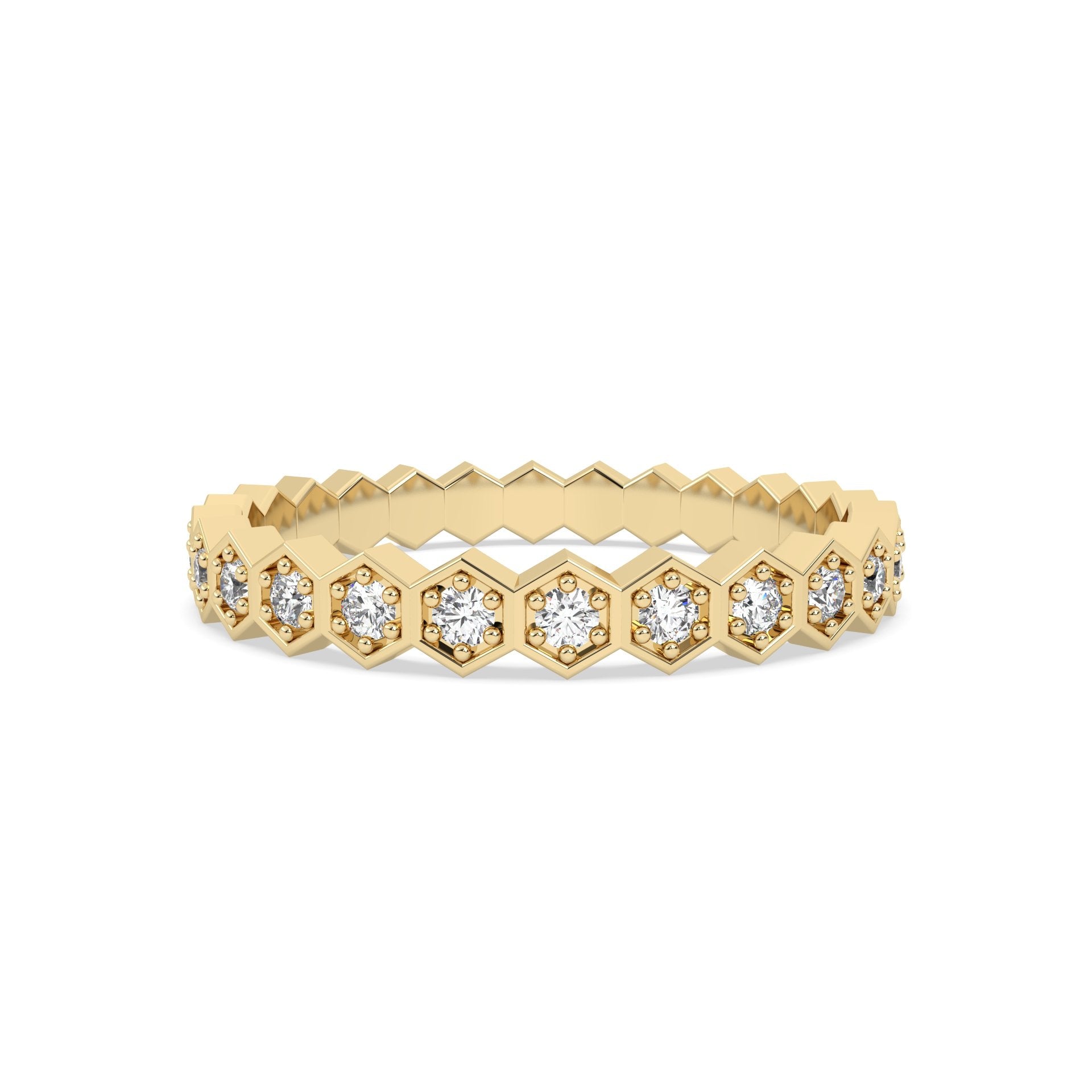 yellow gold ring with diamond accents on a white background
