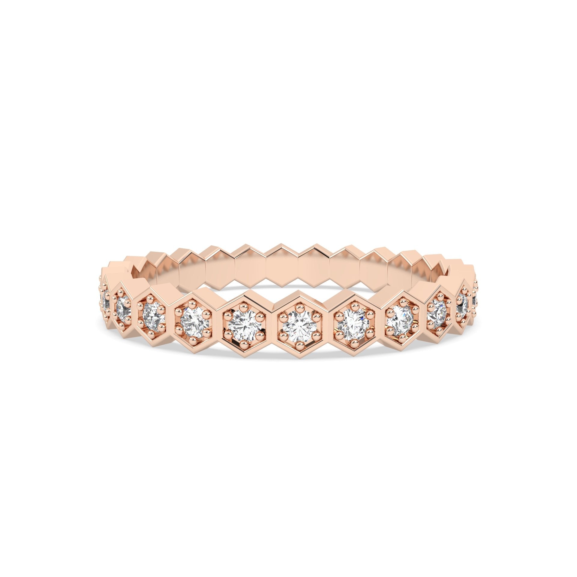 Rose gold ring with diamond accents on a gold background