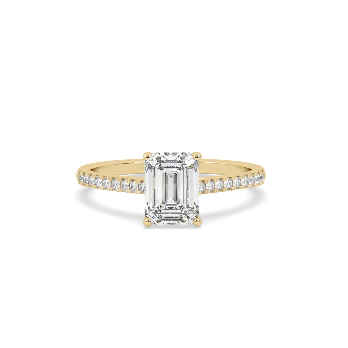 1.5 Ct emerald solitaire lab grown diamond ring in yellow gold, front view