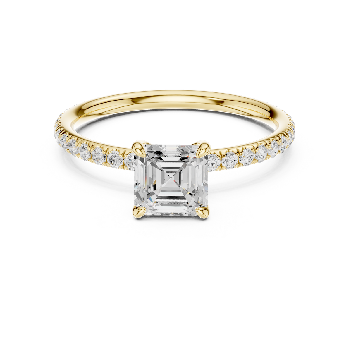 1 Ct asscher solitaire lab grown diamond ring in yellow gold, front view