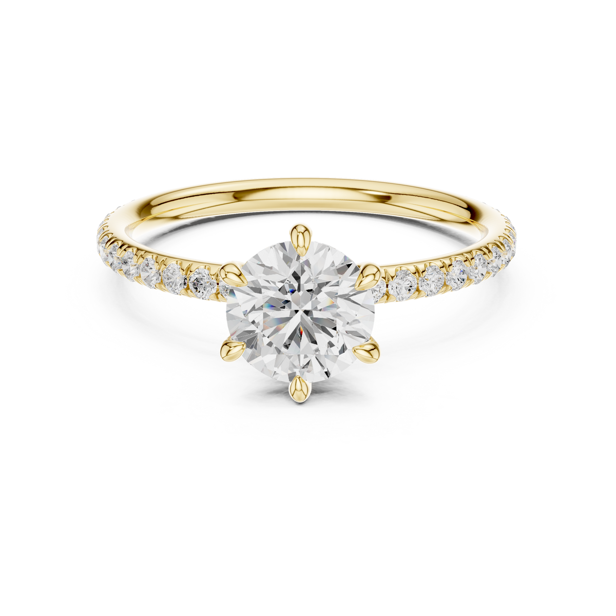 1 Ct round solitaire lab grown diamond ring in yellow gold, front view