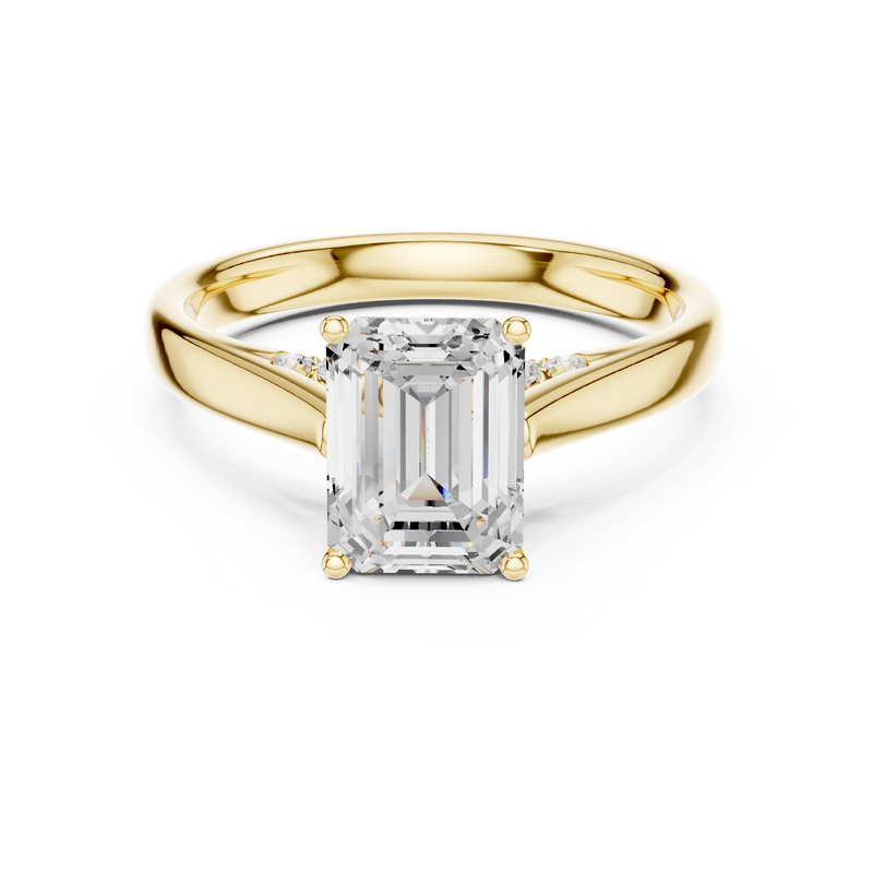 2 Ct emerald solitaire lab grown diamond ring in yellow gold, front view
