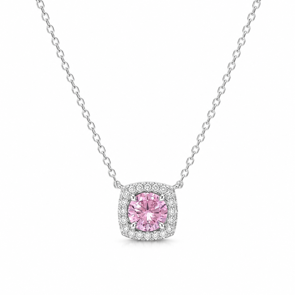 Pink Gemstone Halo Lab Grown Diamond 925 Silver Necklace