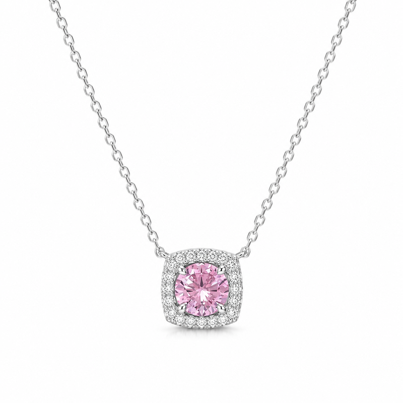 Pink Gemstone Halo Lab Grown Diamond 925 Silver Necklace