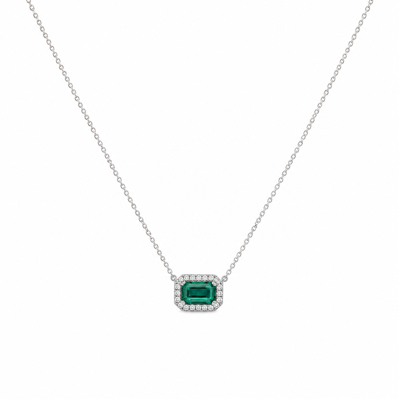 Green Gemstone Halo Lab Grown Diamond 925 Silver Necklace