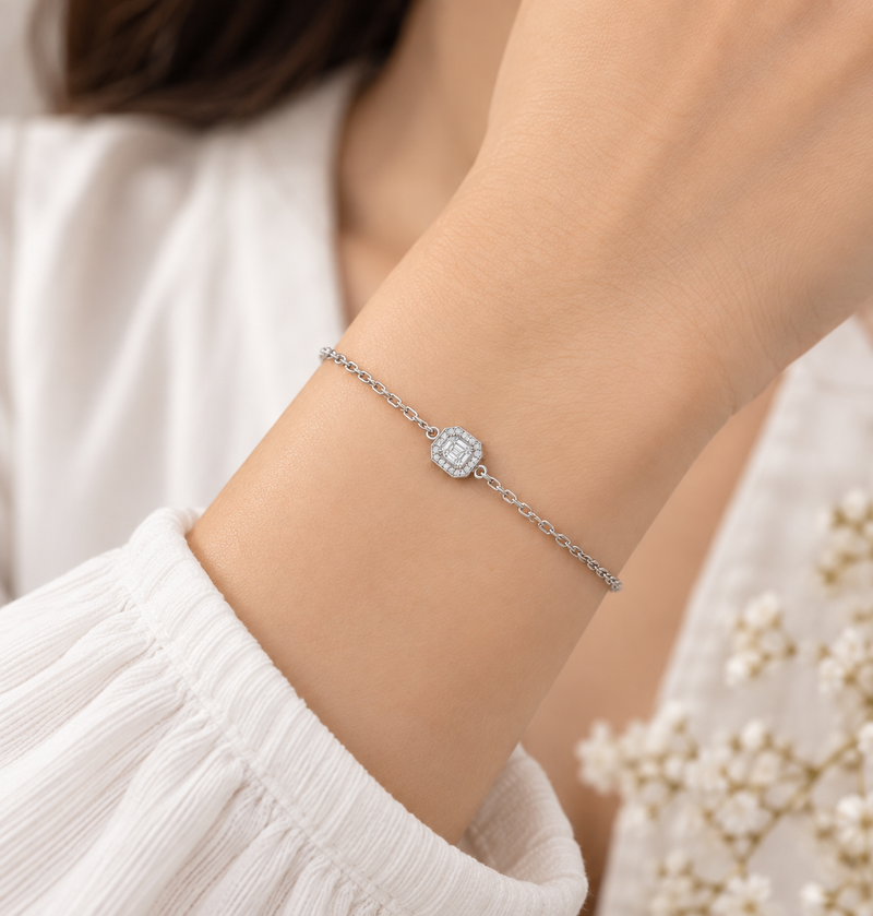 Emerald Halo Lab Grown Diamond Gold Bracelet