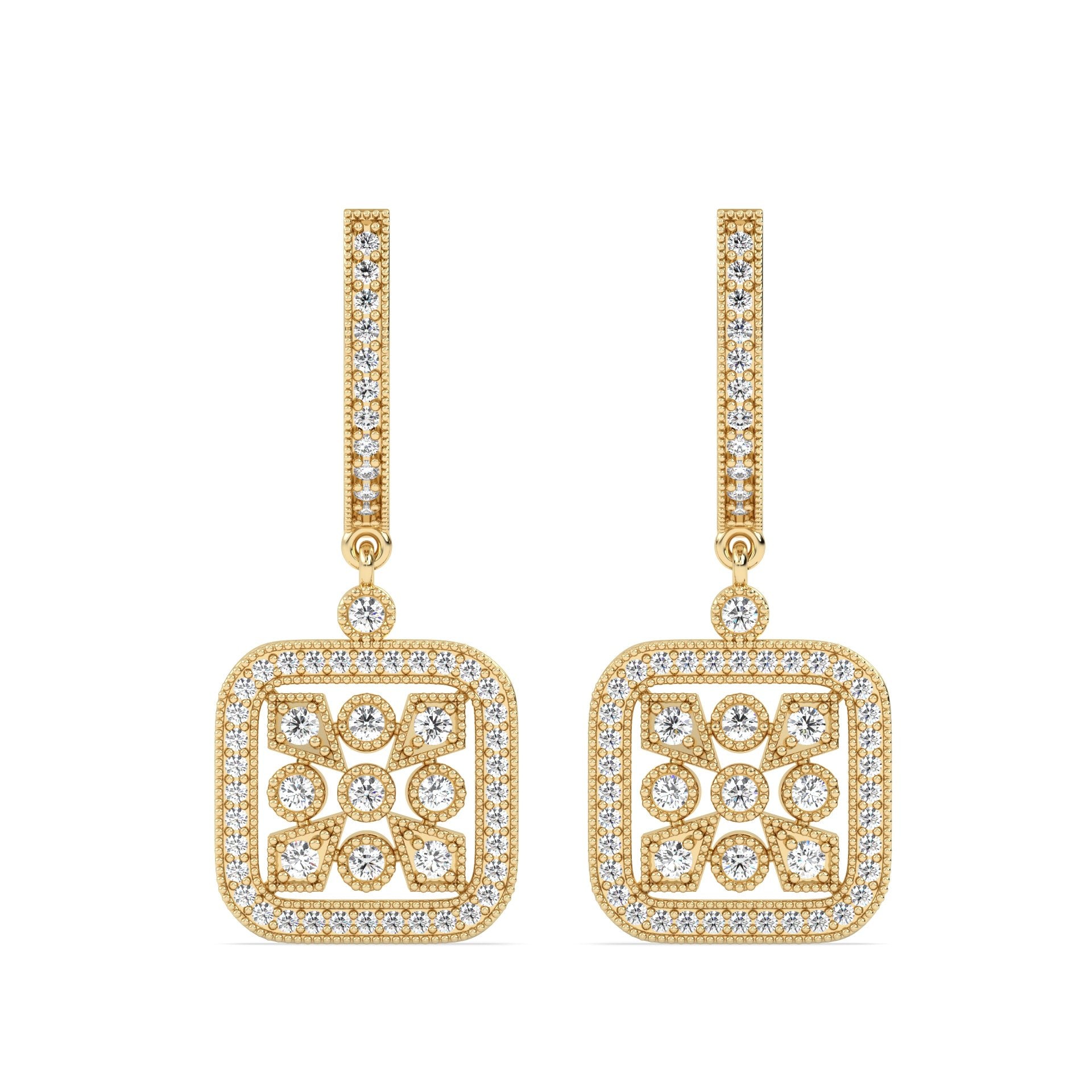 Drop Lab Grown Diamond Earrings – Intricate Square – 925 Silver