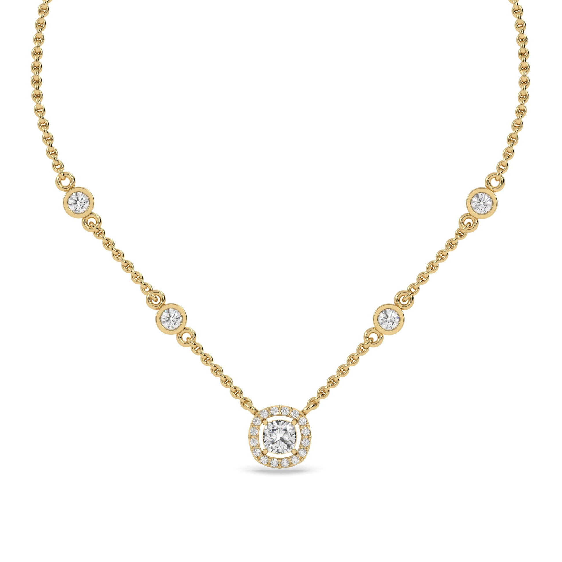 Gold necklace with lab grown cushion diamond pendant