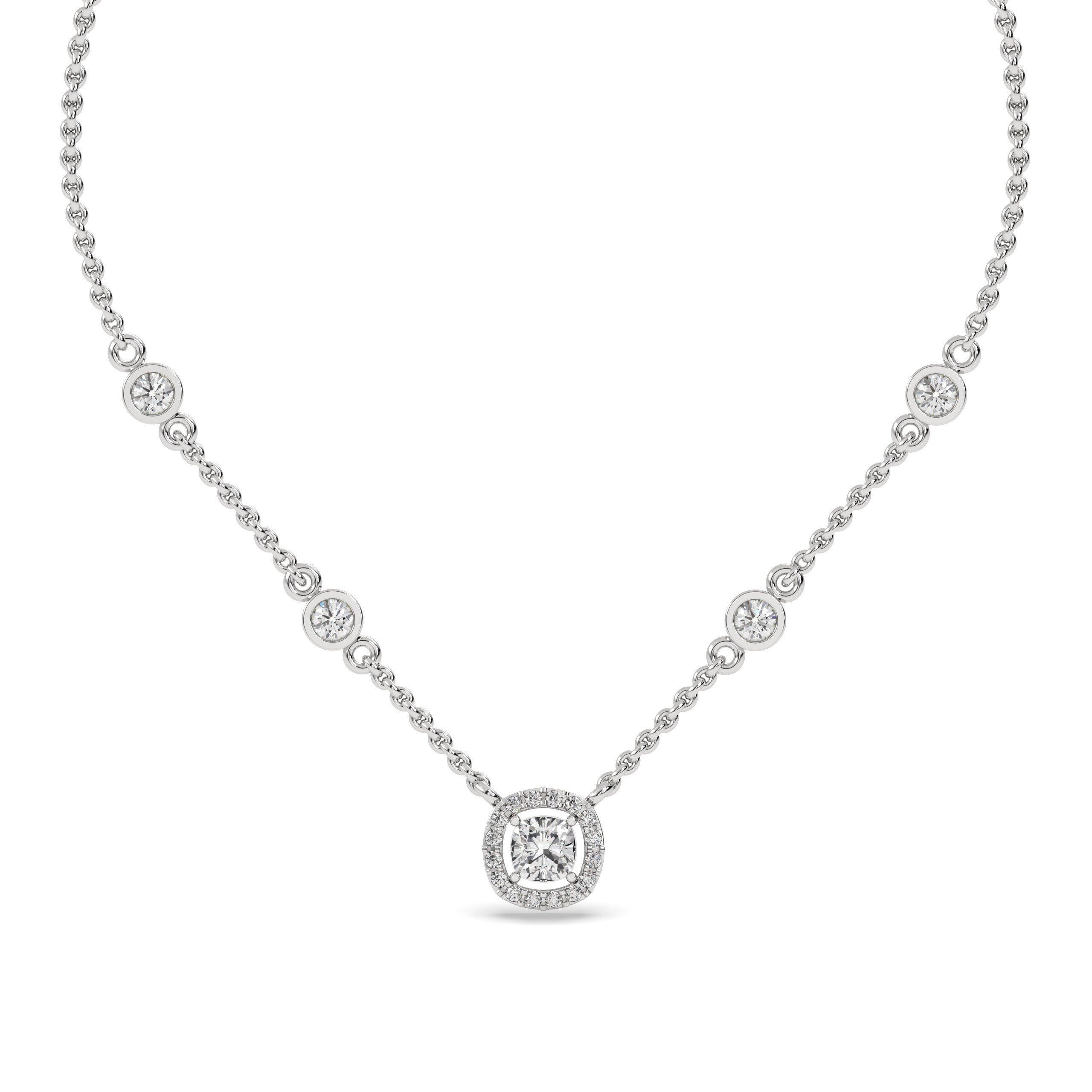 Gold and silver necklace with lab grown cushion diamond pendant