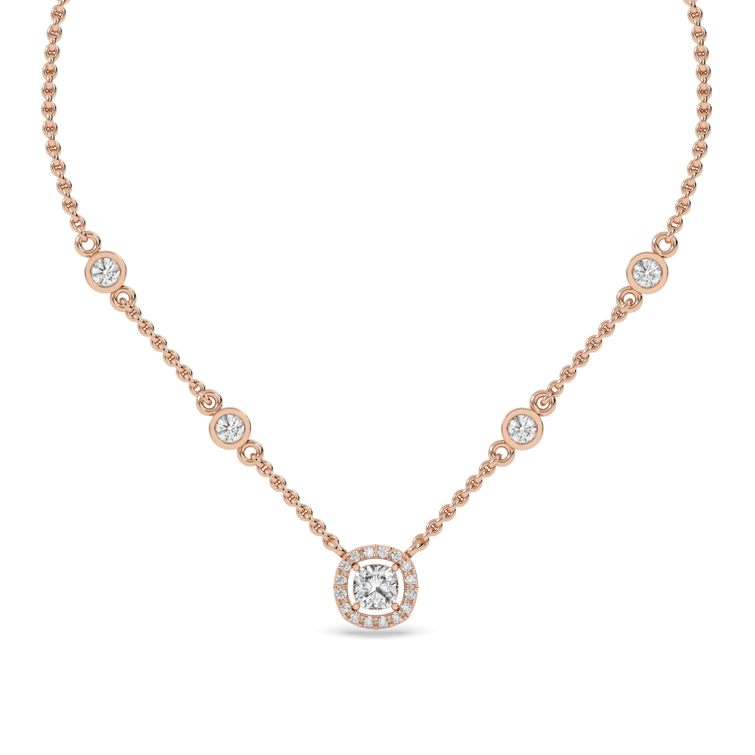 Gold and silver necklace with lab grown cushion diamond pendant