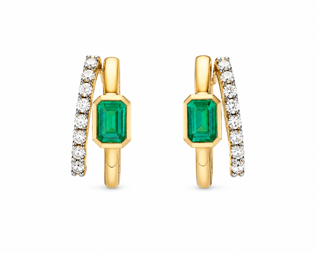 Green Gemstone Hoop Lab Grown Diamond 925 Silver Earrings